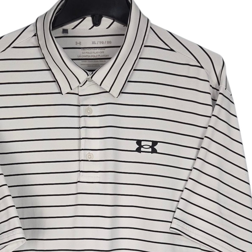 Under Armour Golf Polo Shirt Mens XL White Black StripeAthletic Short Sleeve